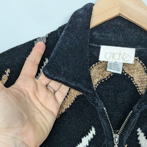 Vintage Cache Cardigan Sweater Full Zip Animal Print Velour Mob Wife Black Tan M - Picture 9 of 12